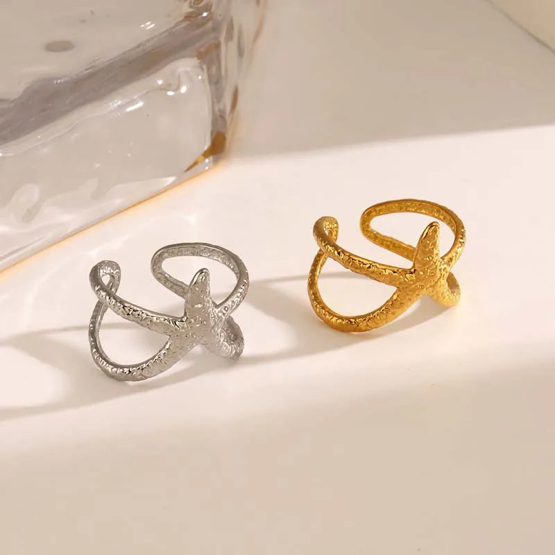 Blue Flow | Golden Starfish Open Ring ⭐ Ocean-Inspired Elegance