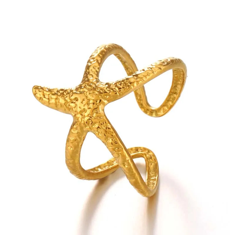 Blue Flow | Golden Starfish Open Ring ⭐ Ocean-Inspired Elegance