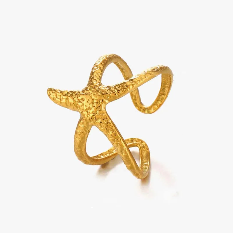 Blue Flow | Golden Starfish Open Ring ⭐ Ocean-Inspired Elegance