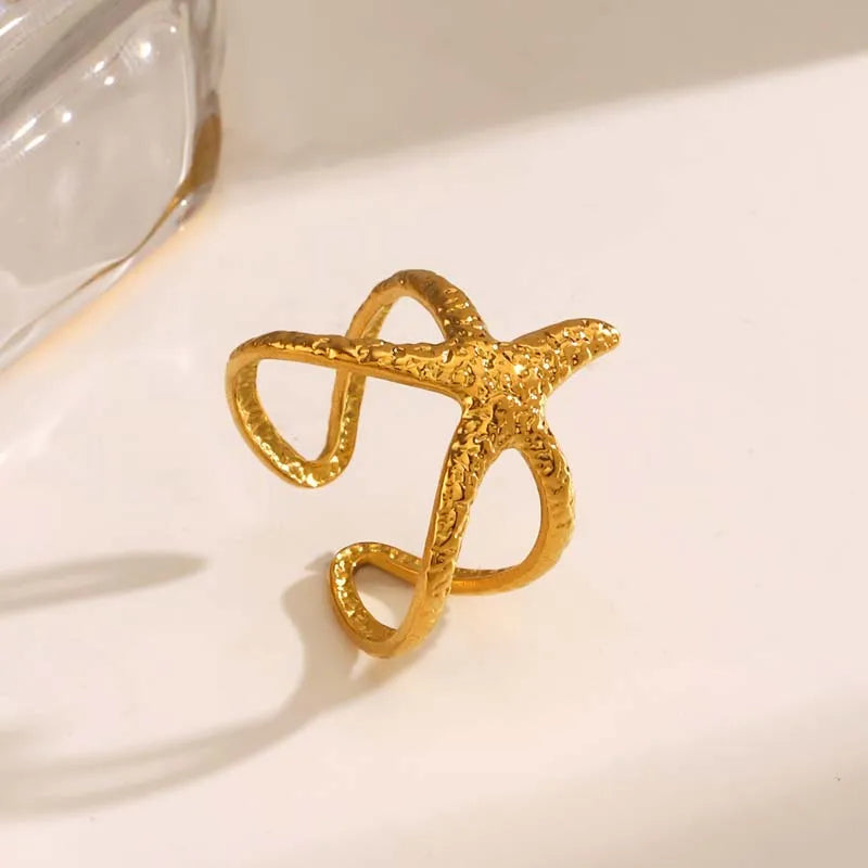 Blue Flow | Golden Starfish Open Ring ⭐ Ocean-Inspired Elegance