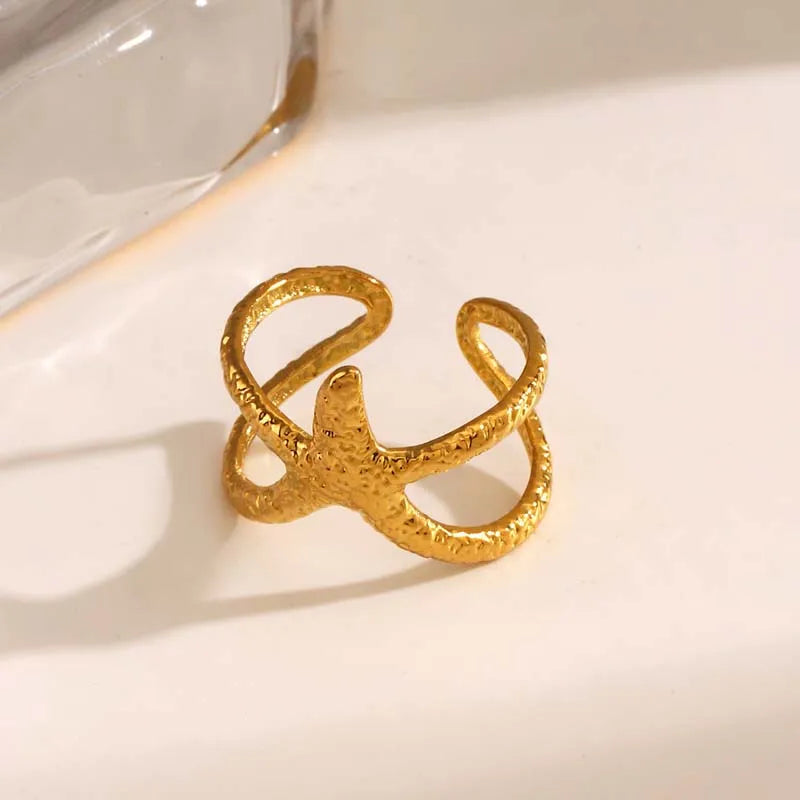 Blue Flow | Golden Starfish Open Ring ⭐ Ocean-Inspired Elegance