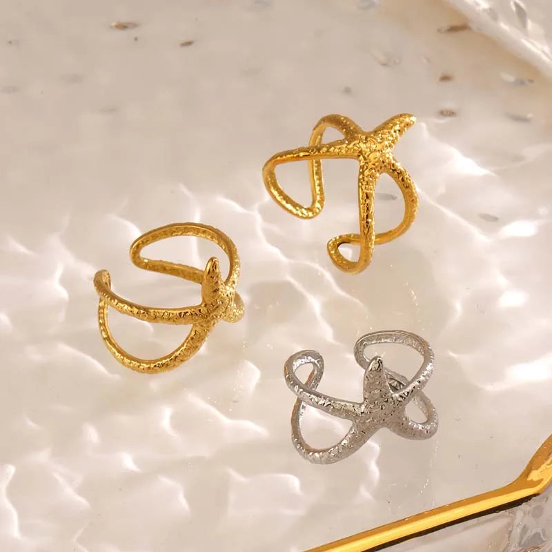 Blue Flow | Golden Starfish Open Ring ⭐ Ocean-Inspired Elegance