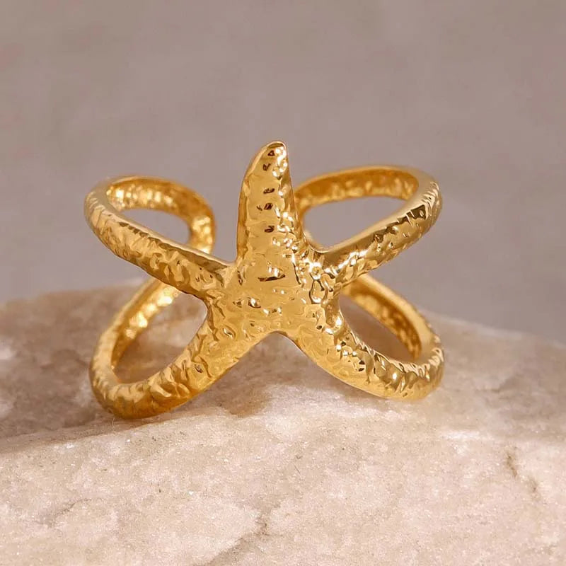 Blue Flow | Golden Starfish Open Ring ⭐ Ocean-Inspired Elegance