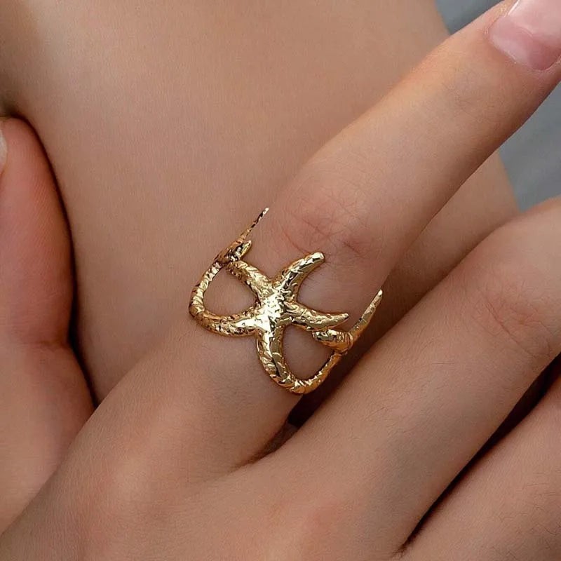 Blue Flow | Golden Starfish Open Ring ⭐ Ocean-Inspired Elegance