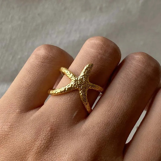 Blue Flow | Golden Starfish Open Ring ⭐ Ocean-Inspired Elegance