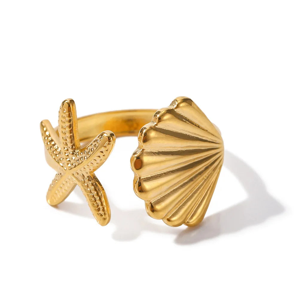 Blue Flow | Golden Starfish Open Ring ⭐ Ocean-Inspired Elegance